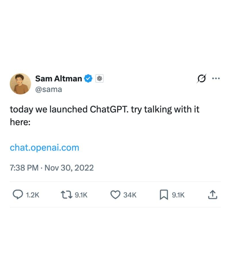 Screenshot of Sam Altman’s November 30, 2022 post announcing ChatGPT