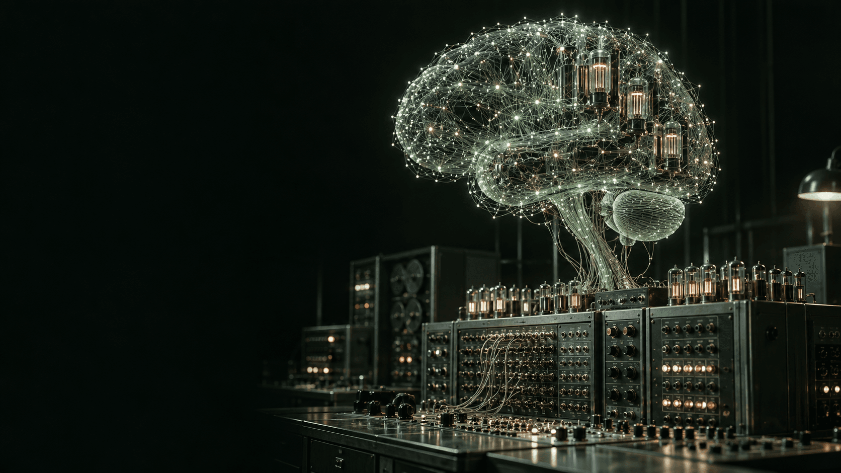 Conceptual artwork of a luminous artificial brain above an early computer